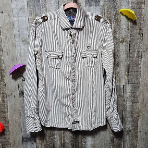 English Laundry Vintage Y2K Brown and White Pinstripe Embroidered Button Down Sh - Picture 1 of 10